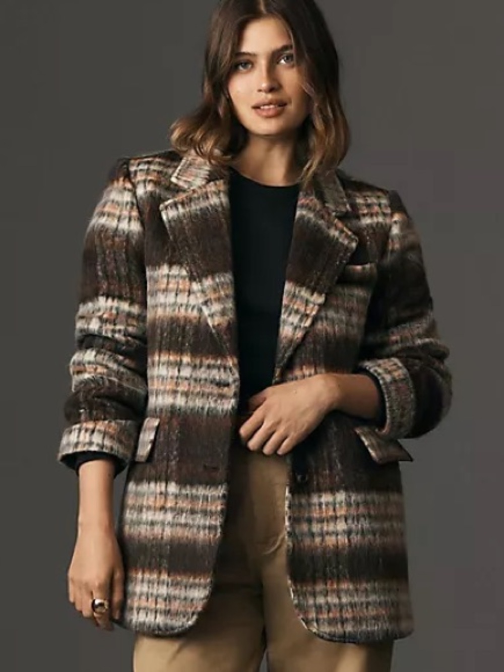 Anthropologie Maeve Brushed Plaid Blazer Wool Blend Coat Jacket Brown Tan Medium